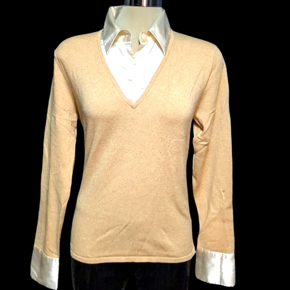 EAST 5th Gold Sparkly Elegant Sweater with  Ivory Satin Size L Grande - Picture 3 of 12
